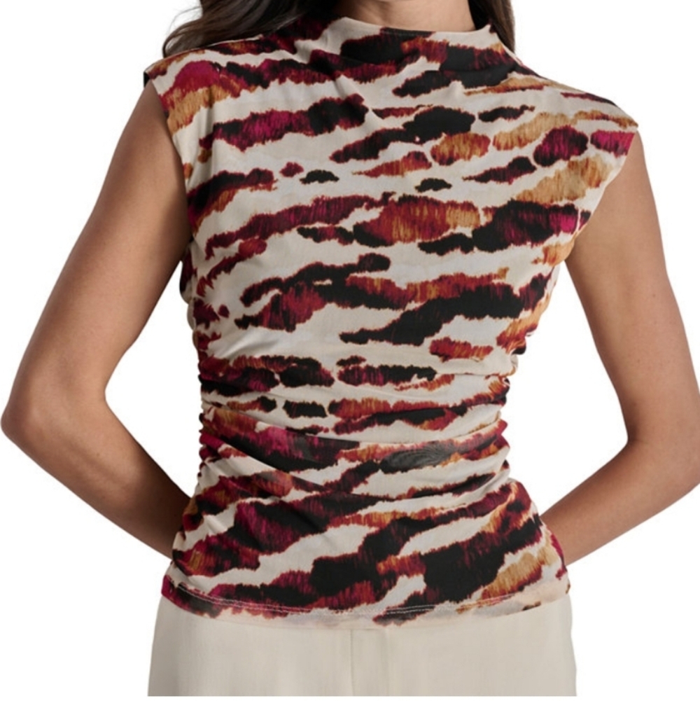 DKNY Multicolor Printed Cap-Sleeve Top in Cream, Black, Red